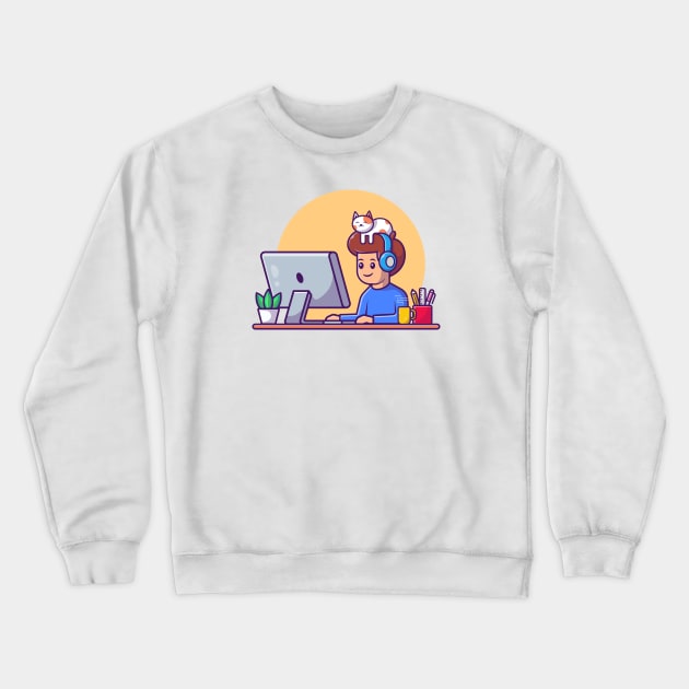 Male working on computer with cat 1 Crewneck Sweatshirt by Catalyst Labs